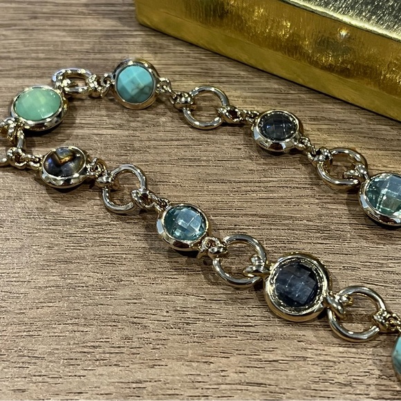 Gold Chain Necklace and Bracelet Set with Blue and Green Gems - Picture 6 of 10